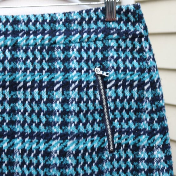 LOFT Aqua Navy Blue White Houndstooth Plaid Zipper Pockets Short Skirt Sz 2 - Picture 3 of 6